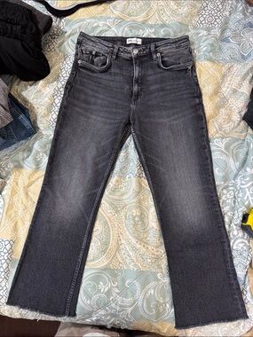Zara Washed Black High-Rise Straight Crop Jeans